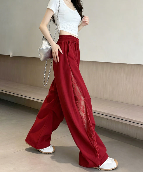 ワイドパンツ サイドレース ロングパンツ レディース ハイウエスト ストレートパンツ ウエストゴム ダンス衣装 裾ドロスト ボトムス 大人カジュアル ワークパンツ 24BDMS-024