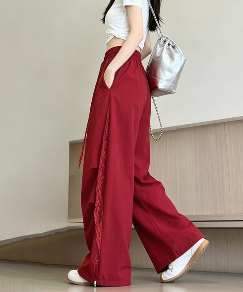 ワイドパンツ サイドレース ロングパンツ レディース ハイウエスト ストレートパンツ ウエストゴム ダンス衣装 裾ドロスト ボトムス 大人カジュアル ワークパンツ 24BDMS-024