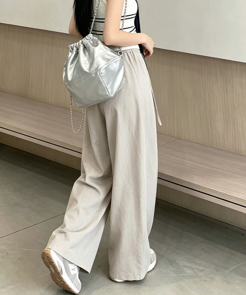 ワイドパンツ ハイウエスト ロングパンツ ウエストフリル イージーパンツ ゆったり リラックスパンツ カジュアル ストレートパンツ 美脚脚長 細見えパンツ春秋無地 24BDMS-025