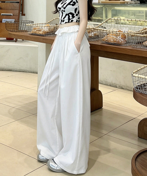 ワイドパンツ ウエストフリルロングパンツ ハイウエストストレートパンツ ウエストゴム お洒落 楽ちんイージーパンツ カジュアル 着やせパンツ ゆったり脚長ボトムス 24BDMS-026