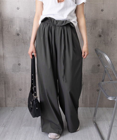 ワイドパンツ ウエストフリルロングパンツ ハイウエストストレートパンツ ウエストゴム お洒落 楽ちんイージーパンツ カジュアル 着やせパンツ ゆったり脚長ボトムス 24BDMS-026