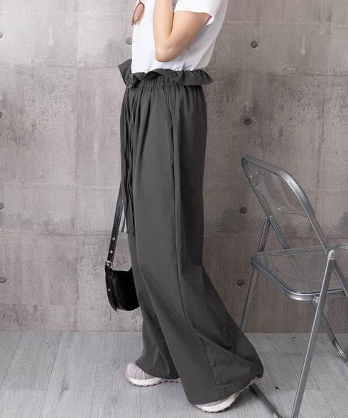ワイドパンツ ウエストフリルロングパンツ ハイウエストストレートパンツ ウエストゴム お洒落 楽ちんイージーパンツ カジュアル 着やせパンツ ゆったり脚長ボトムス 24BDMS-026