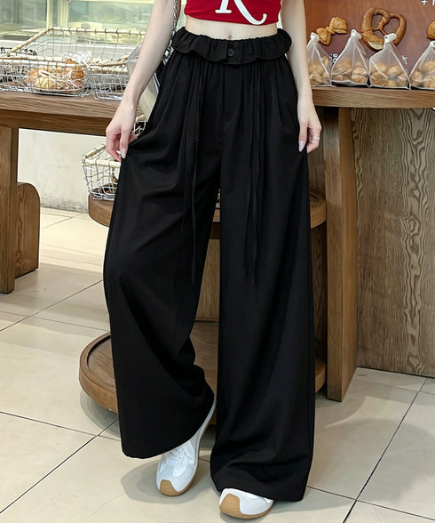 ワイドパンツ ウエストフリルロングパンツ ハイウエストストレートパンツ ウエストゴム お洒落 楽ちんイージーパンツ カジュアル 着やせパンツ ゆったり脚長ボトムス 24BDMS-026