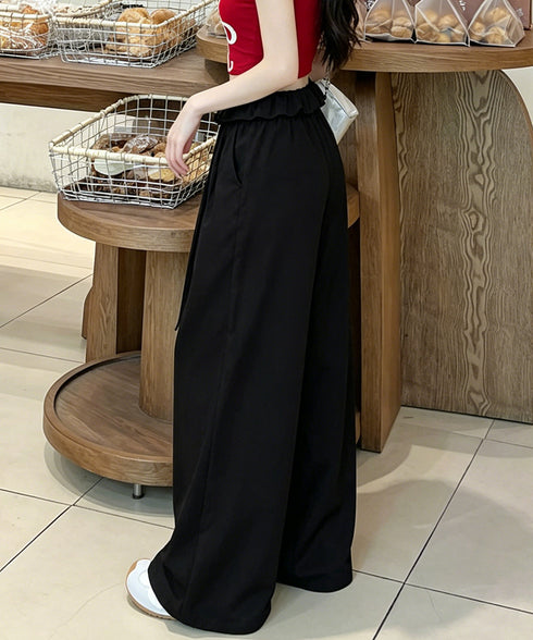 ワイドパンツ ウエストフリルロングパンツ ハイウエストストレートパンツ ウエストゴム お洒落 楽ちんイージーパンツ カジュアル 着やせパンツ ゆったり脚長ボトムス 24BDMS-026