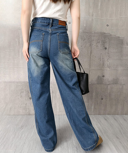 ワイドデニムパンツ ハイウエストジーンズ レディース ゆったりレザーパッチジーパン 体型カバーロングパンツ カジュアルウォッシュデニム 美脚脚長レトロ風ボトムス 24BDMS-029