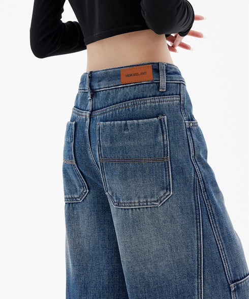 ワイドデニムパンツ ハイウエストジーンズ レディース ゆったりレザーパッチジーパン 体型カバーロングパンツ カジュアルウォッシュデニム 美脚脚長レトロ風ボトムス 24BDMS-029