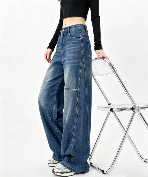 ワイドデニムパンツ ハイウエストジーンズ レディース ゆったりレザーパッチジーパン 体型カバーロングパンツ カジュアルウォッシュデニム 美脚脚長レトロ風ボトムス 24BDMS-029