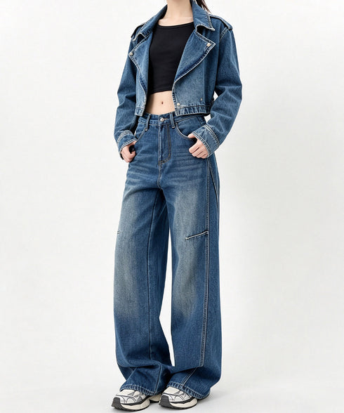 ワイドデニムパンツ ハイウエストジーンズ レディース ゆったりレザーパッチジーパン 体型カバーロングパンツ カジュアルウォッシュデニム 美脚脚長レトロ風ボトムス 24BDMS-029