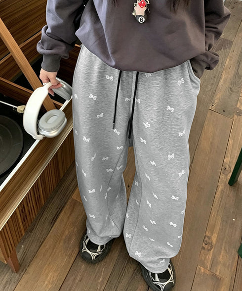 スウェットパンツバタフライ柄ワイドパンツ レディース ドローストリング イージーパンツ ウエストゴムロングパンツ ハイウエストボトムス カジュアルストレートパンツ 24BDMS-030