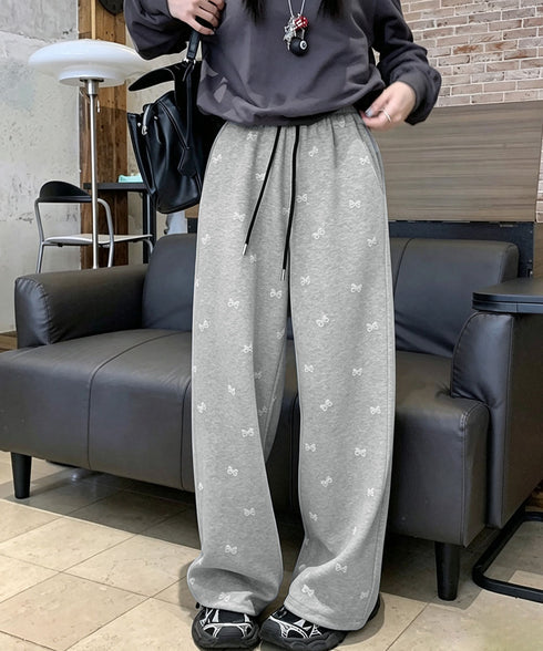 スウェットパンツバタフライ柄ワイドパンツ レディース ドローストリング イージーパンツ ウエストゴムロングパンツ ハイウエストボトムス カジュアルストレートパンツ 24BDMS-030