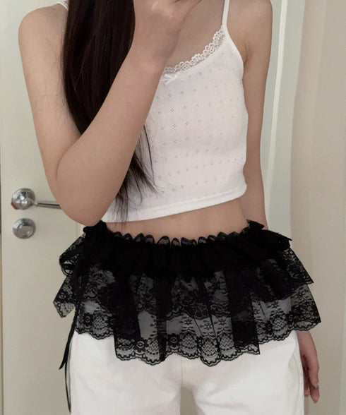 総レースヒップカバー ティアード裾カバー レディース ウエストリボンミニスカート シースルー付け裾 大人可愛い 花柄レーススカート 重ね着 ズボンの上巻きスカート 24KMN-001