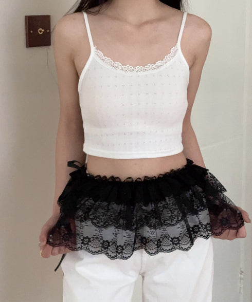 総レースヒップカバー ティアード裾カバー レディース ウエストリボンミニスカート シースルー付け裾 大人可愛い 花柄レーススカート 重ね着 ズボンの上巻きスカート 24KMN-001