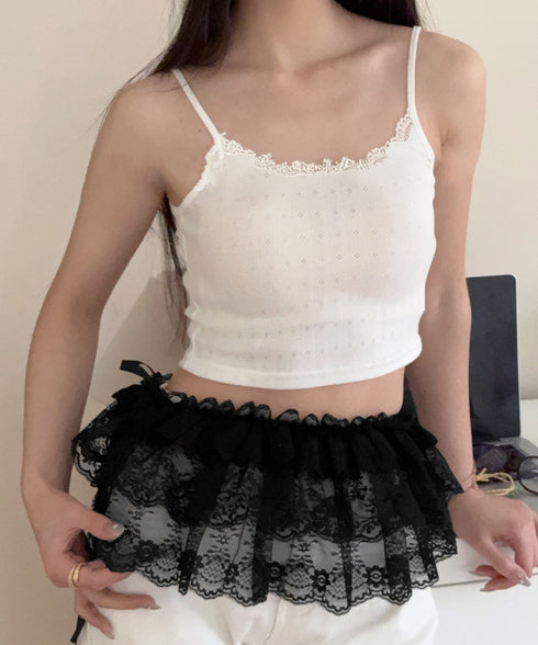 総レースヒップカバー ティアード裾カバー レディース ウエストリボンミニスカート シースルー付け裾 大人可愛い 花柄レーススカート 重ね着 ズボンの上巻きスカート 24KMN-001