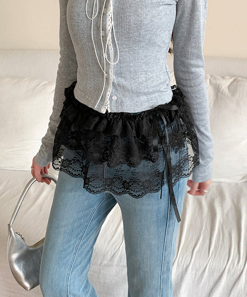 総レースヒップカバー ティアード裾カバー レディース ウエストリボンミニスカート シースルー付け裾 大人可愛い 花柄レーススカート 重ね着 ズボンの上巻きスカート 24KMN-001