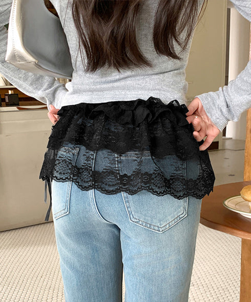 総レースヒップカバー ティアード裾カバー レディース ウエストリボンミニスカート シースルー付け裾 大人可愛い 花柄レーススカート 重ね着 ズボンの上巻きスカート 24KMN-001