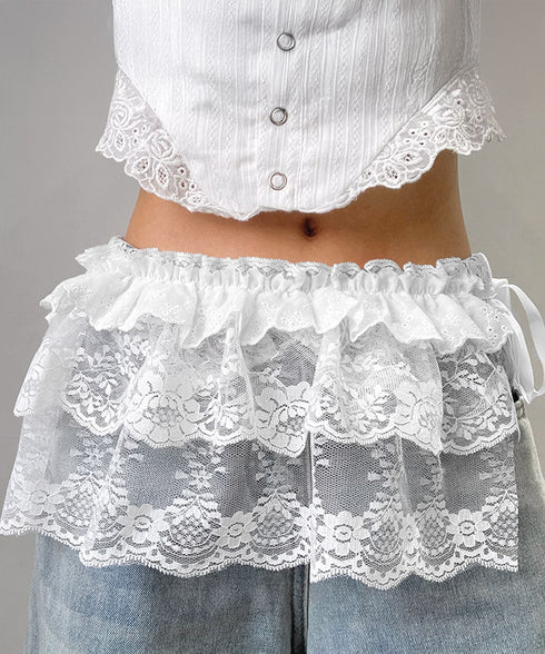 総レースヒップカバー ティアード裾カバー レディース ウエストリボンミニスカート シースルー付け裾 大人可愛い 花柄レーススカート 重ね着 ズボンの上巻きスカート 24KMN-001