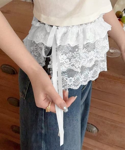 総レースヒップカバー ティアード裾カバー レディース ウエストリボンミニスカート シースルー付け裾 大人可愛い 花柄レーススカート 重ね着 ズボンの上巻きスカート 24KMN-001