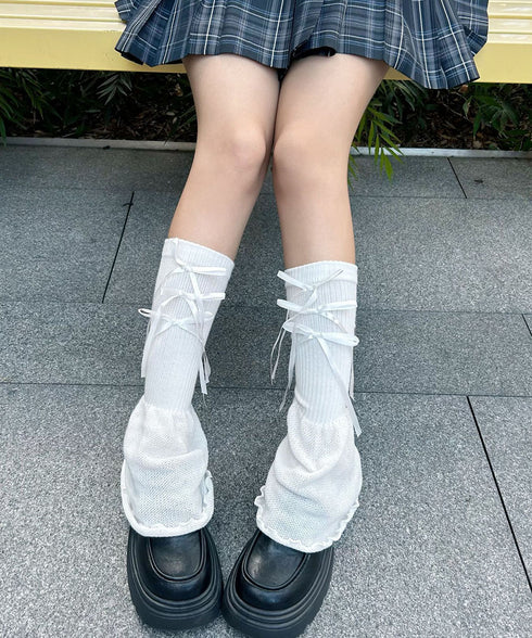 レッグウォーマー リボン付きレッグカバー レディース ボリューム 足首ウォーマー 裾フレア ルーズソックス JK美脚 コスチューム履きやすい 秋冬靴下 履きやすい 24KTST-002