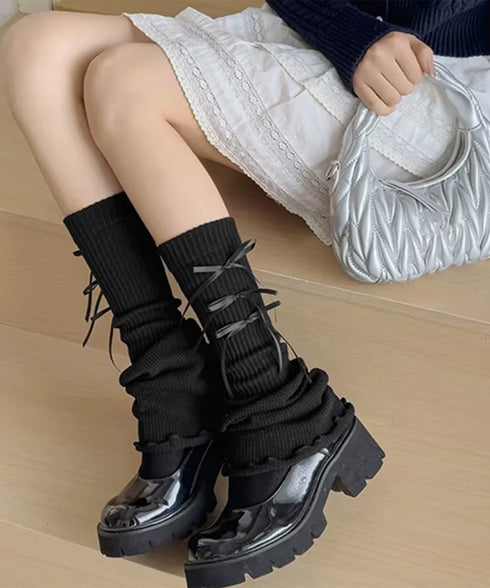 レッグウォーマー リボン付きレッグカバー レディース ボリューム 足首ウォーマー 裾フレア ルーズソックス JK美脚 コスチューム履きやすい 秋冬靴下 履きやすい 24KTST-002