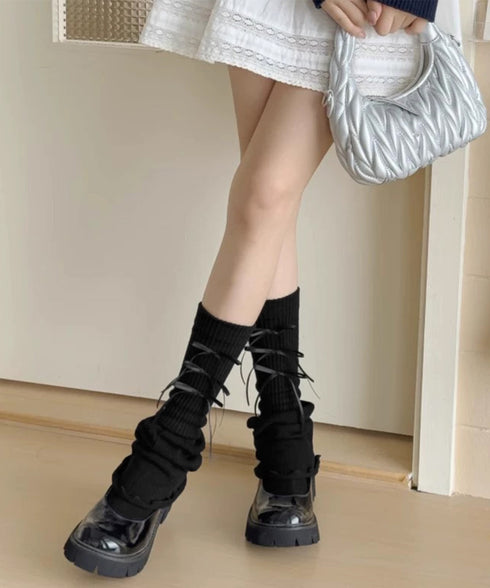 レッグウォーマー リボン付きレッグカバー レディース ボリューム 足首ウォーマー 裾フレア ルーズソックス JK美脚 コスチューム履きやすい 秋冬靴下 履きやすい 24KTST-002