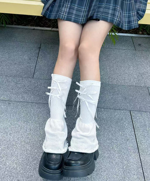 レッグウォーマー リボン付きレッグカバー レディース ボリューム 足首ウォーマー 裾フレア ルーズソックス JK美脚 コスチューム履きやすい 秋冬靴下 履きやすい 24KTST-002