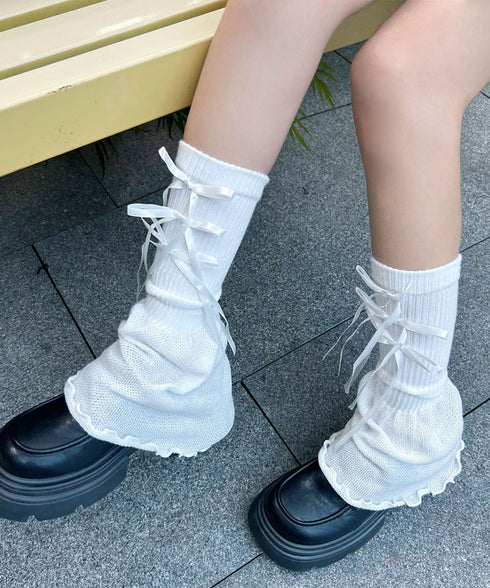 レッグウォーマー リボン付きレッグカバー レディース ボリューム 足首ウォーマー 裾フレア ルーズソックス JK美脚 コスチューム履きやすい 秋冬靴下 履きやすい 24KTST-002