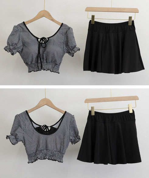 ギンガムチェック水着セット露出控えめ水着 スイムウェア ハイウエスト パンツ付きミニスカート 2点セット水着大人可愛い フリル水着 盛れる セパレート 水遊び水着 24MZK-001