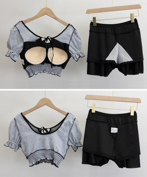 ギンガムチェック水着セット露出控えめ水着 スイムウェア ハイウエスト パンツ付きミニスカート 2点セット水着大人可愛い フリル水着 盛れる セパレート 水遊び水着 24MZK-001