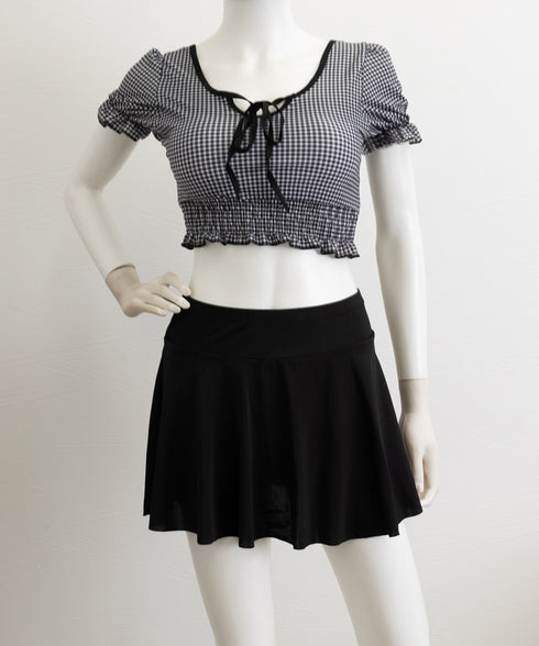 ギンガムチェック水着セット露出控えめ水着 スイムウェア ハイウエスト パンツ付きミニスカート 2点セット水着大人可愛い フリル水着 盛れる セパレート 水遊び水着 24MZK-001