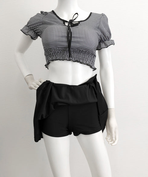 ギンガムチェック水着セット露出控えめ水着 スイムウェア ハイウエスト パンツ付きミニスカート 2点セット水着大人可愛い フリル水着 盛れる セパレート 水遊び水着 24MZK-001