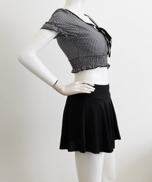 ギンガムチェック水着セット露出控えめ水着 スイムウェア ハイウエスト パンツ付きミニスカート 2点セット水着大人可愛い フリル水着 盛れる セパレート 水遊び水着 24MZK-001