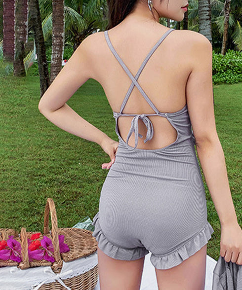 ボレロ付き ワンピース水着セット 韓国風 フリル付きスイムウェア クロスバックワンピース水着 カーディガン付き 水着2点セットアップ 着やせ 露出控えめ水着 夏海 24MZK-002