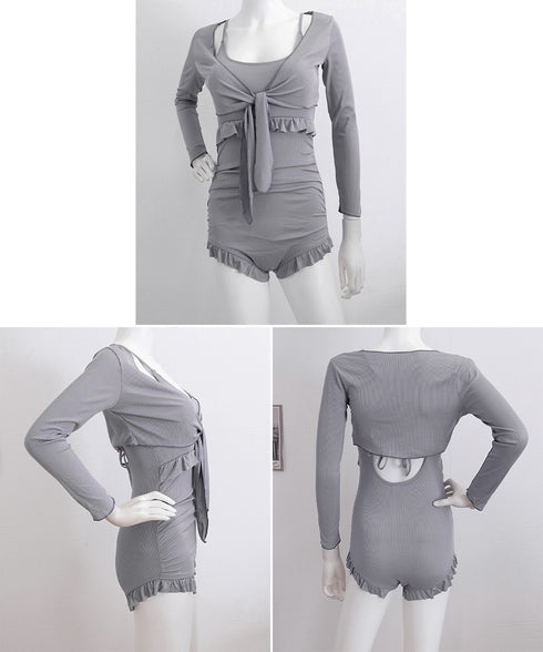 ボレロ付き ワンピース水着セット 韓国風 フリル付きスイムウェア クロスバックワンピース水着 カーディガン付き 水着2点セットアップ 着やせ 露出控えめ水着 夏海 24MZK-002