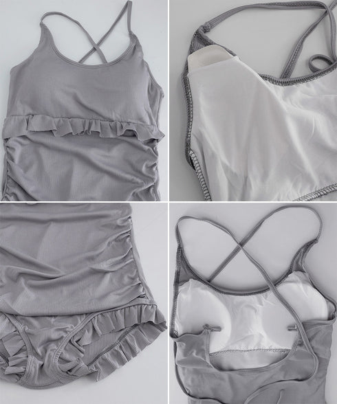 ボレロ付き ワンピース水着セット 韓国風 フリル付きスイムウェア クロスバックワンピース水着 カーディガン付き 水着2点セットアップ 着やせ 露出控えめ水着 夏海 24MZK-002