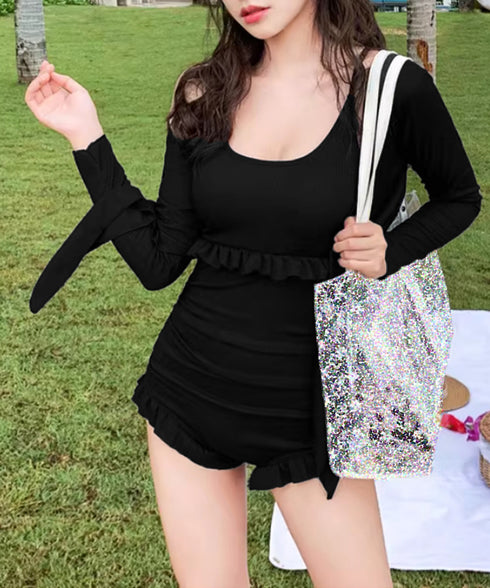 ボレロ付き ワンピース水着セット 韓国風 フリル付きスイムウェア クロスバックワンピース水着 カーディガン付き 水着2点セットアップ 着やせ 露出控えめ水着 夏海 24MZK-002