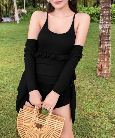 ボレロ付き ワンピース水着セット 韓国風 フリル付きスイムウェア クロスバックワンピース水着 カーディガン付き 水着2点セットアップ 着やせ 露出控えめ水着 夏海 24MZK-002