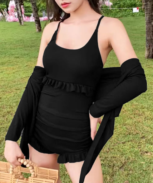 ボレロ付き ワンピース水着セット 韓国風 フリル付きスイムウェア クロスバックワンピース水着 カーディガン付き 水着2点セットアップ 着やせ 露出控えめ水着 夏海 24MZK-002