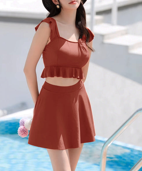 セットアップ水着 フリルビキニ盛れる水着 スクエアネック ビスチェ風ビキニ ハイウエストスカート2点セット水着 韓国風 大人可愛い上下セット海外旅行セパレート水着 24MZK-003