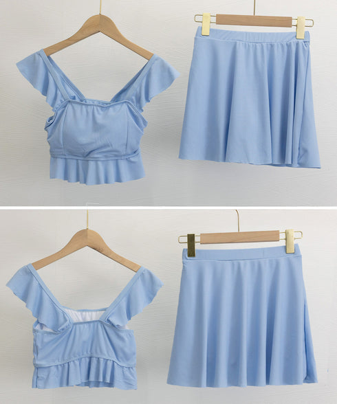 セットアップ水着 フリルビキニ盛れる水着 スクエアネック ビスチェ風ビキニ ハイウエストスカート2点セット水着 韓国風 大人可愛い上下セット海外旅行セパレート水着 24MZK-003