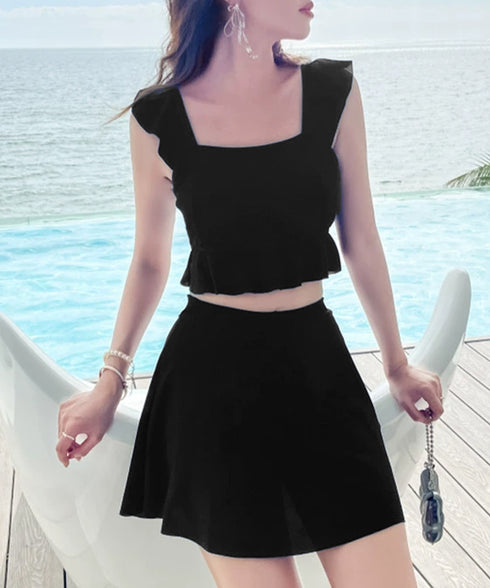 セットアップ水着 フリルビキニ盛れる水着 スクエアネック ビスチェ風ビキニ ハイウエストスカート2点セット水着 韓国風 大人可愛い上下セット海外旅行セパレート水着 24MZK-003