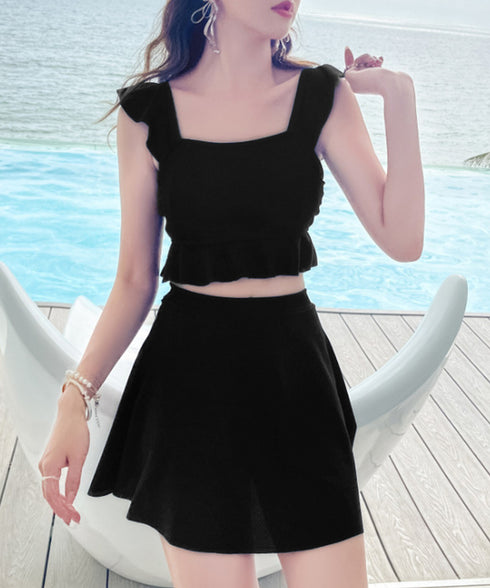 セットアップ水着 フリルビキニ盛れる水着 スクエアネック ビスチェ風ビキニ ハイウエストスカート2点セット水着 韓国風 大人可愛い上下セット海外旅行セパレート水着 24MZK-003