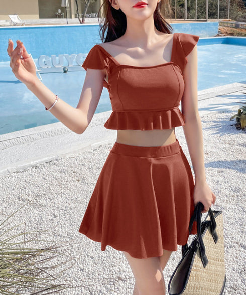 セットアップ水着 フリルビキニ盛れる水着 スクエアネック ビスチェ風ビキニ ハイウエストスカート2点セット水着 韓国風 大人可愛い上下セット海外旅行セパレート水着 24MZK-003