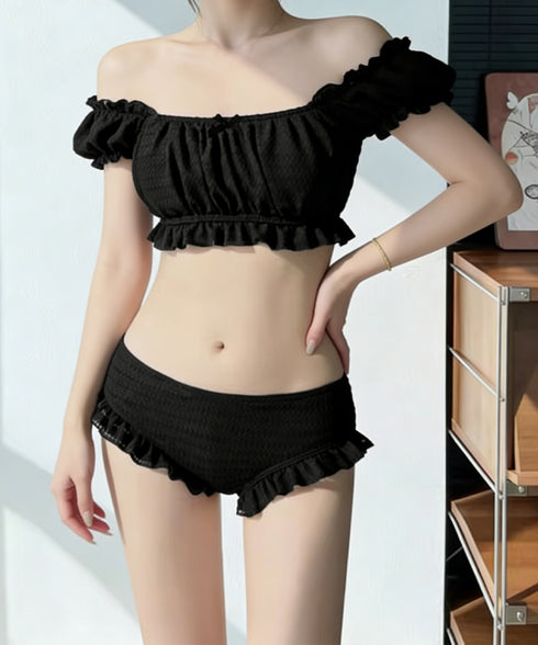水着レディース ビキニスカート3点セット オフショルダートップス ショートパンツ ハイウエスト スカート水着セット 露出控えめスイムウェア おしゃれセパレート水着 24MZK-012