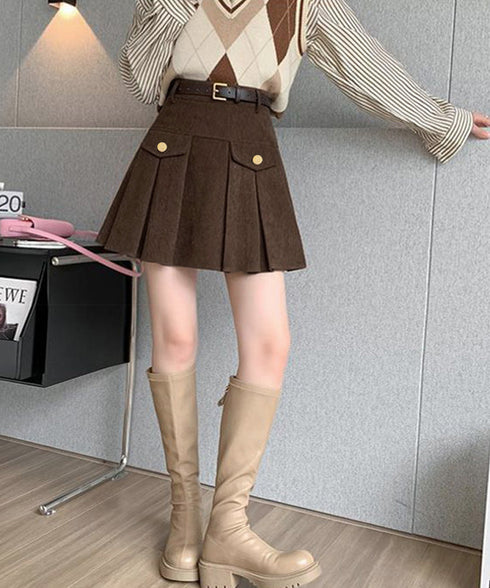 コーデュロイプリーツスカート ベルト付き ミニスカート レディース インナーパンツ付き Aラインスカート ハイウエスト 細見えショートスカート カジュアルボトムス 24SKT-001