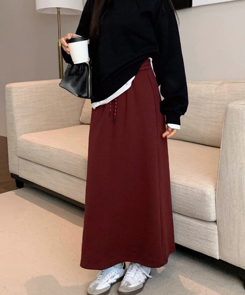 スウェットロングスカート バックスリット 薄手スカート レディース ウエストゴム ストレートスカート ハイウエスト ポケット付き 体型カバー 動きやすいボトムス 24SKT-002