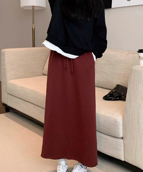 スウェットロングスカート バックスリット 薄手スカート レディース ウエストゴム ストレートスカート ハイウエスト ポケット付き 体型カバー 動きやすいボトムス 24SKT-002