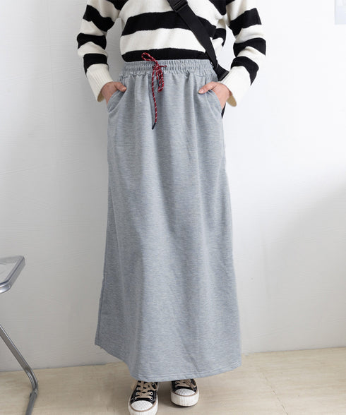 スウェットロングスカート バックスリット 薄手スカート レディース ウエストゴム ストレートスカート ハイウエスト ポケット付き 体型カバー 動きやすいボトムス 24SKT-002