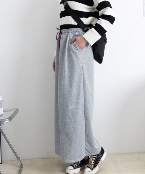 スウェットロングスカート バックスリット 薄手スカート レディース ウエストゴム ストレートスカート ハイウエスト ポケット付き 体型カバー 動きやすいボトムス 24SKT-002