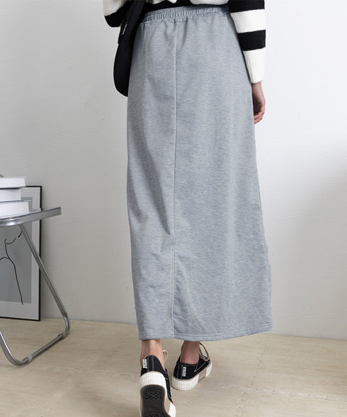 スウェットロングスカート バックスリット 薄手スカート レディース ウエストゴム ストレートスカート ハイウエスト ポケット付き 体型カバー 動きやすいボトムス 24SKT-002