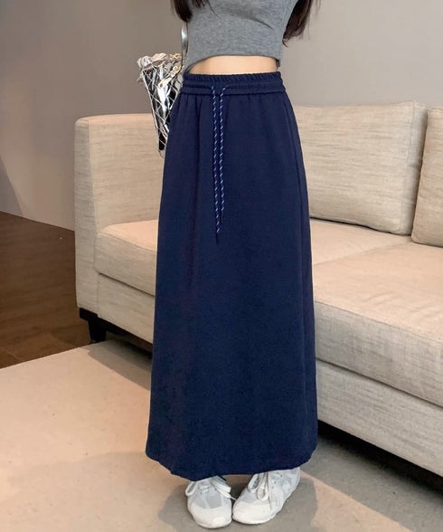 スウェットロングスカート バックスリット 薄手スカート レディース ウエストゴム ストレートスカート ハイウエスト ポケット付き 体型カバー 動きやすいボトムス 24SKT-002